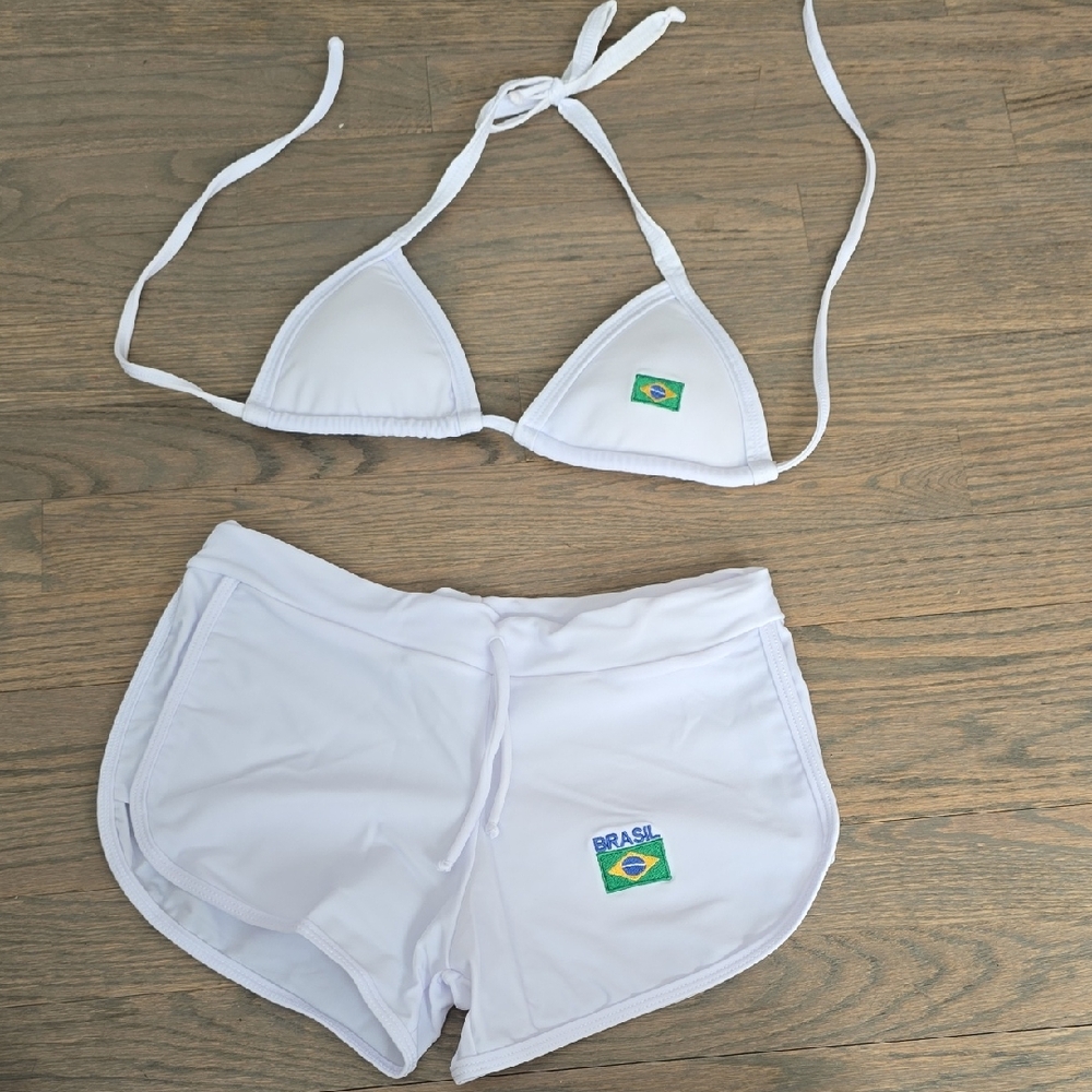 White Bikini Top and Shorts Set with Brazil Flag